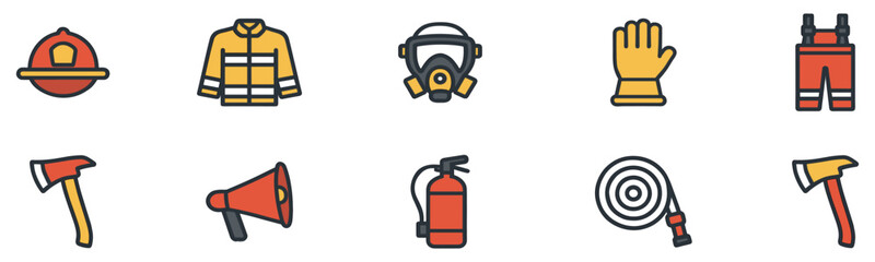 Firefighting icon set: essential tools and equipment. Vector Illustration.
