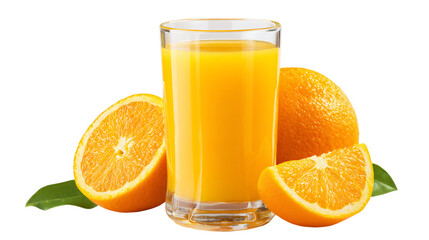 Refreshing orange juice in a glass with fresh oranges and leaves, a healthy and delicious drink for any time of day perfect for breakfast