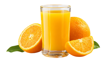 Refreshing orange juice in a glass with fresh oranges and leaves, a healthy and delicious drink for any time of day perfect for breakfast