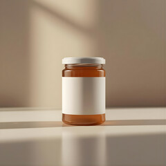Honey Jar Mockup with Label on Light Background, Realistic Glass Jar Mockup for Food Branding, Amber Honey Bottle Mockup, Minimalist Honey Packaging Mockup, Blank Food Jar Mockup for Label Design