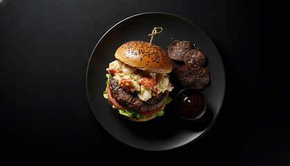 A gourmet burger topped with creamy seafood salad, fresh vegetables, and served with crispy chips and rich dipping sauce on a black plate.