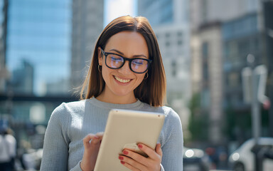 Smiling young woman wearing glasses looking at a tablet computer outdoors in a city