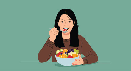 Vibrant woman joyfully enjoys a fresh, colorful fruit bowl, savoring healthy goodness with every delightful spoonful