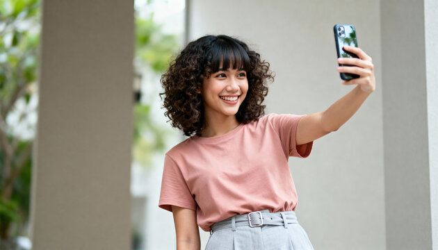 Happy young Asian woman with curly hair taking a selfie with a smartphone. Cheerful female student smiling for a photo in a modern outdoor setting. Social media and technology concept - Powered by Adobe