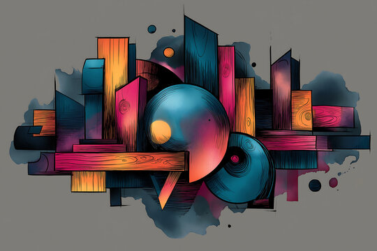 Logo for woodworking hobbyists with tools, wood patterns, and graffiti colors - Powered by Adobe