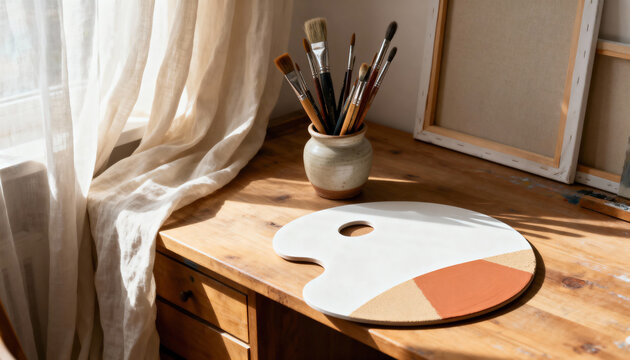 Artist's studio workspace with painting supplies on a wooden desk. Paintbrushes, a palette, and blank canvases in natural sunlight. Creative hobby and art background