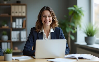Happy mature business woman entrepreneur in office using laptop at work, smiling professional middle aged 40 years old female company executive wearing suit working on computer at workplace.
