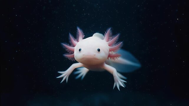 Ajolote blanco albino tranquilamente en agua oscura profunda