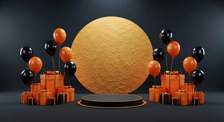 Giant golden textured egg on a podium surrounded by orange gift boxes and black and orange balloons