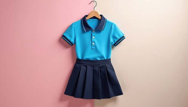 Blue polo shirt and navy pleated skirt hang neatly on a wall. This school outfit is arranged in a flat lay style on a pastel backdrop. Perfect for education or kids fashion concepts.