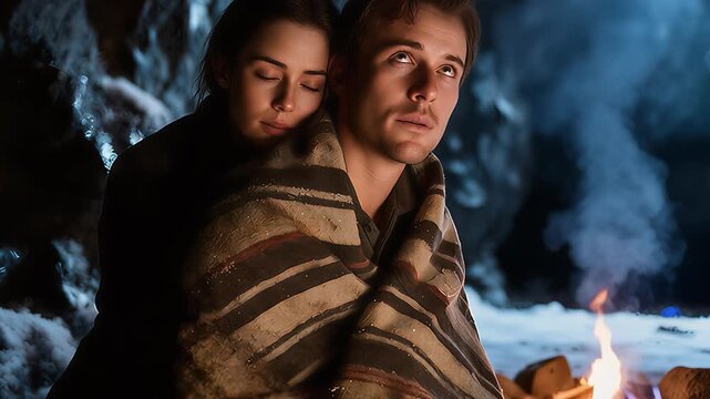  Hombre y una mujer acurrucados junto a una pequeña hoguera dentro de una cueva oscura