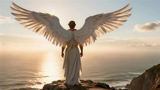 Arcángel Gabriel de pie en un acantilado rocoso