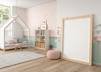 Bright childrens room interior with a bed a bookshelf and a blank frame modern design for kids bedroom mockup