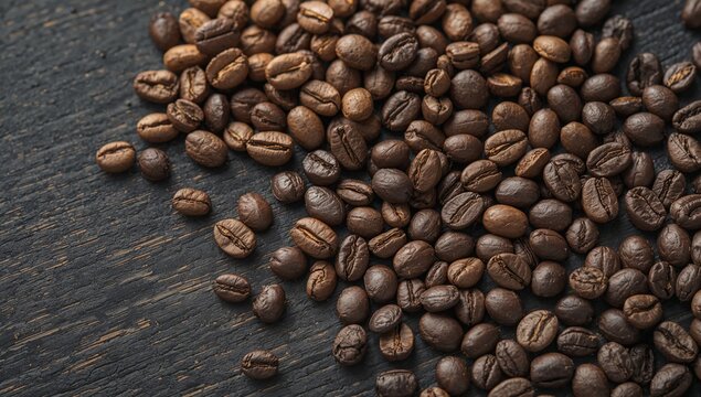 Heap of Roasted Coffee Beans on a Distressed Dark Wooden Surface Rustic Textures.