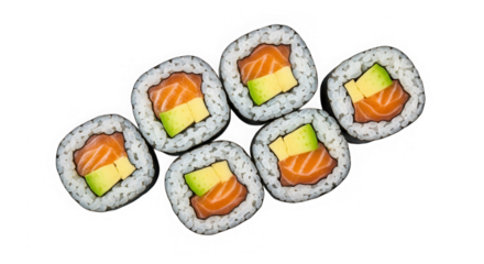 Six salmon and avocado sushi rolls isolated on transparent background