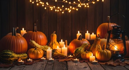 Cozy halloween night with glowing pumpkins and flickering candles illuminated by warm string lights