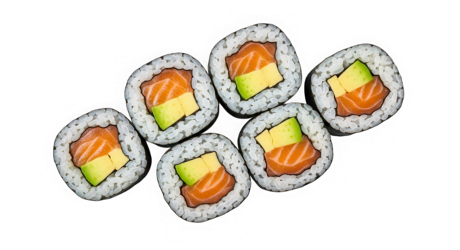 Six salmon and avocado sushi rolls isolated on transparent background