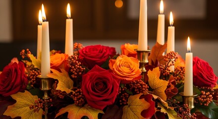 Warm glowing candles illuminate a vibrant autumn floral arrangement with red and orange roses and fall leaves