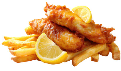 Crispy fried fish and chips with lemon wedges.  Golden-brown battered fish portions piled atop golden-yellow french fries.  Fresh lemon slices are placed over and around the fish and fries. 