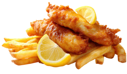 Crispy fried fish and chips with lemon wedges.  Golden-brown battered fish portions piled atop golden-yellow french fries.  Fresh lemon slices are placed over and around the fish and fries. 