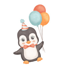 Penguin in party hat with balloons. Cute animal isolated on white background. Childish watercolor illustration for Birthday card design.