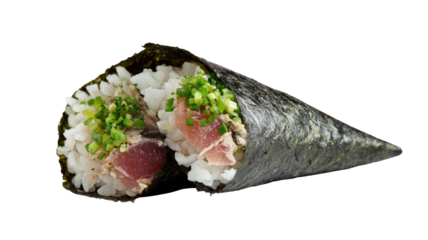 Two cone-shaped seaweed-wrapped sushi with fish and rice