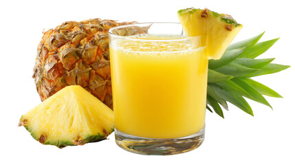 Fresh pineapple juice in a glass, , accompanied by a whole pineapple and a slice, offering a healthy and tropical refreshment option