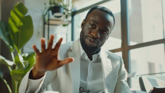 A man wearing a white jacket and a white shirt is waving at the camera. He is sitting at a table with a cell phone in front of him