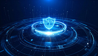 Glowing Blue Digital Shield Cybersecurity Interface – Futuristic Data Protection, Network Security Firewall Technology, Virtual Defense System Background