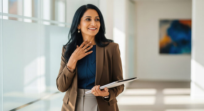 Confident Indian Businesswoman Smiling in Modern Office Corridor - Powered by Adobe