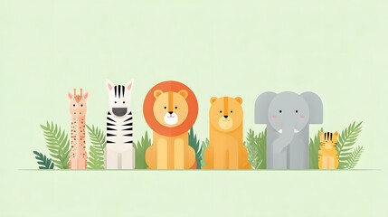 Obraz premium A charming flat graphic illust n featuring a collection of stylized cartoon animals including a giraffe zebra lion lioness elephant and tiger cub set against a soft green background with foliage