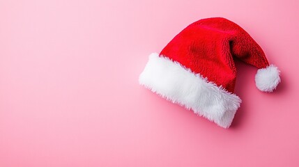 a santa hat on a pink background, minimalist style, high resolution, copy space, banner design, christmas concept
