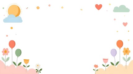 Bright and cheerful illust n with pastel flowers floating balloons sun clouds and hearts creating a festive and dreamy atmosphere for celeb ns