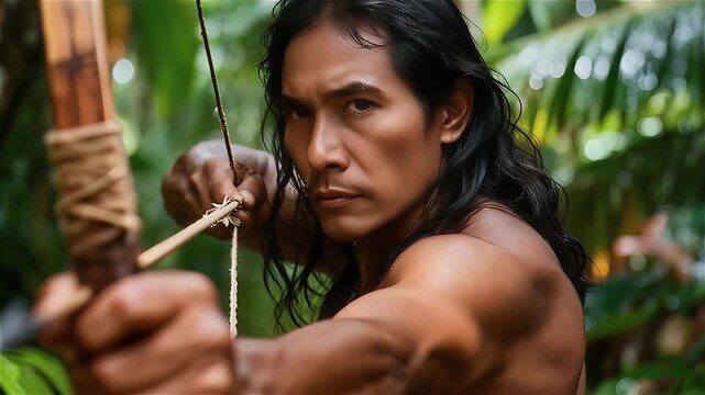 Hombre indígena de cabello largo y oscuro con un arco a punto de disparar 