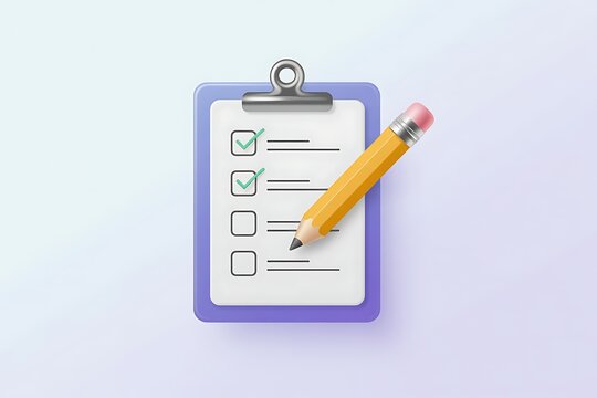 Yellow pencil resting on a purple clipboard with a checklist and two green checkmarks task to-do