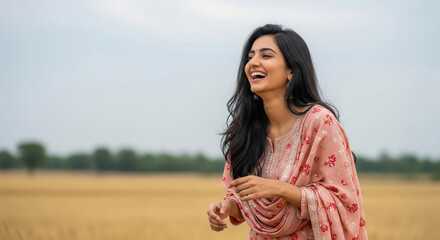 Joyful Indian Woman Laughing Authentically in a Wheat Field