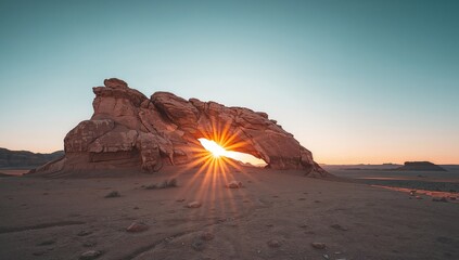 Sandstone Formation at Sunset Golden Rays Through Natural Arch, Desert Landscape.