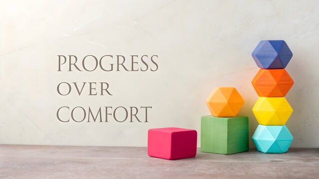 Colorful geometric shapes with the word PROGRESS overlaid on wall
