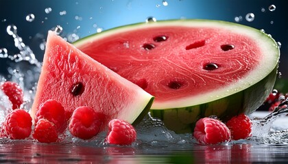 fresh watermelon and raspberries in water glistening with droplets of water