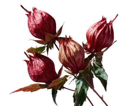 Four maroon flower buds clustered, close up, with leafy green stems