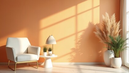 Fototapeta premium Minimalist interior scene with white armchair, side table, lamp, and plants against an orange wall. Sunlight casts windowpane shadows on wall and floor. Elegant simple decor.