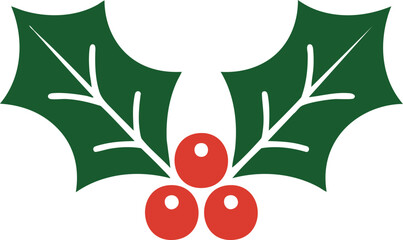 Stylized Christmas Holly with Berries Icon, Simple Holly Leaf and Berry Graphic, Traditional Green and Red Christmas Symbol, Flat Design Holly Sprig.