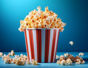 freshly made popcorn in a striped bucket on a blue background