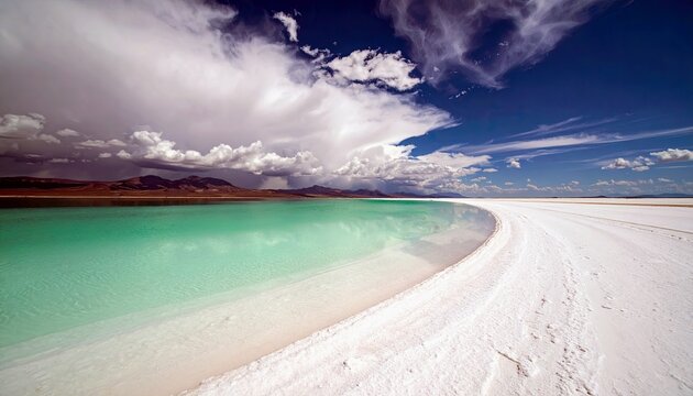 A stunning landscape featuring a vibrant turquoise lake bordering vast white salt flats, with dramatic clouds and distant mountains under a blue sky.