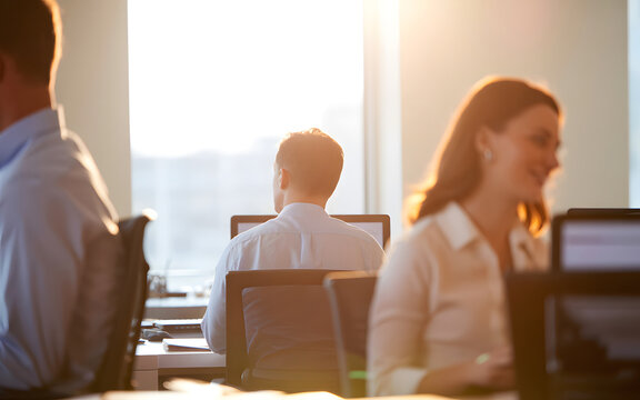Diverse team of professionals working together in a modern office bathed in warm sunlight
