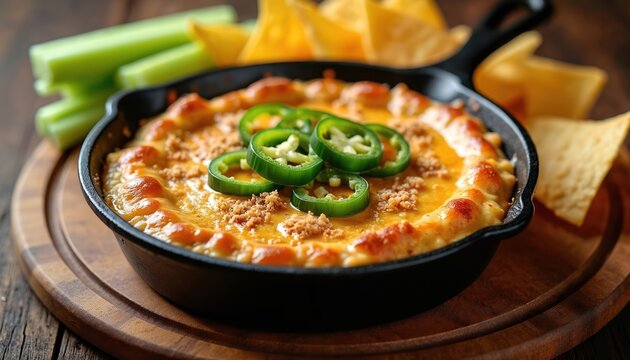 Warm baked jalapeno popper dip in cast iron skillet with crispy tortilla chips, celery sticks. Creamy cheesy appetizer topped with sliced green peppers, seasoned breadcrumbs. Perfect shareable party