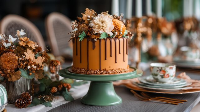 Autumn-themed cake on festively decorated table with seasonal decorations for party celebration, cozy fall dessert display with warm tones and elegant seasonal styling