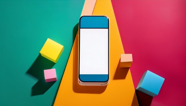 vibrant geometric shapes with smartphone against a colorful backdrop