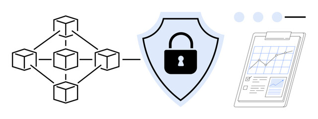 Blockchain nodes linking to a padlock shield symbolizing cybersecurity, accompanied by a clipboard with data charts. Ideal for technology, security, analytics, blockchain, finance, risk management
