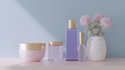 Feminine beauty composition with skincare products, a glass vase of fluffy pink blossoms